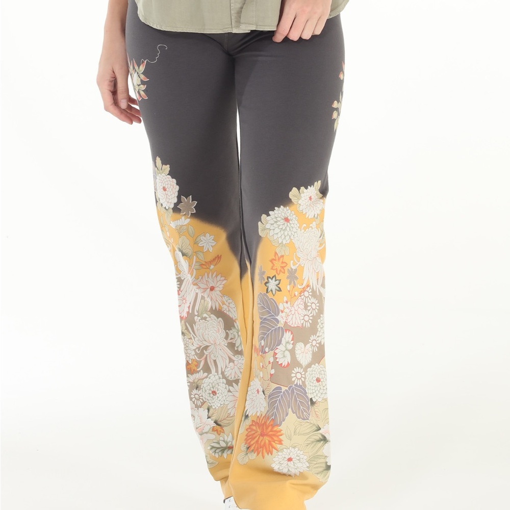 Elegant Floral Boot Cut Pants in Gray and Yellow